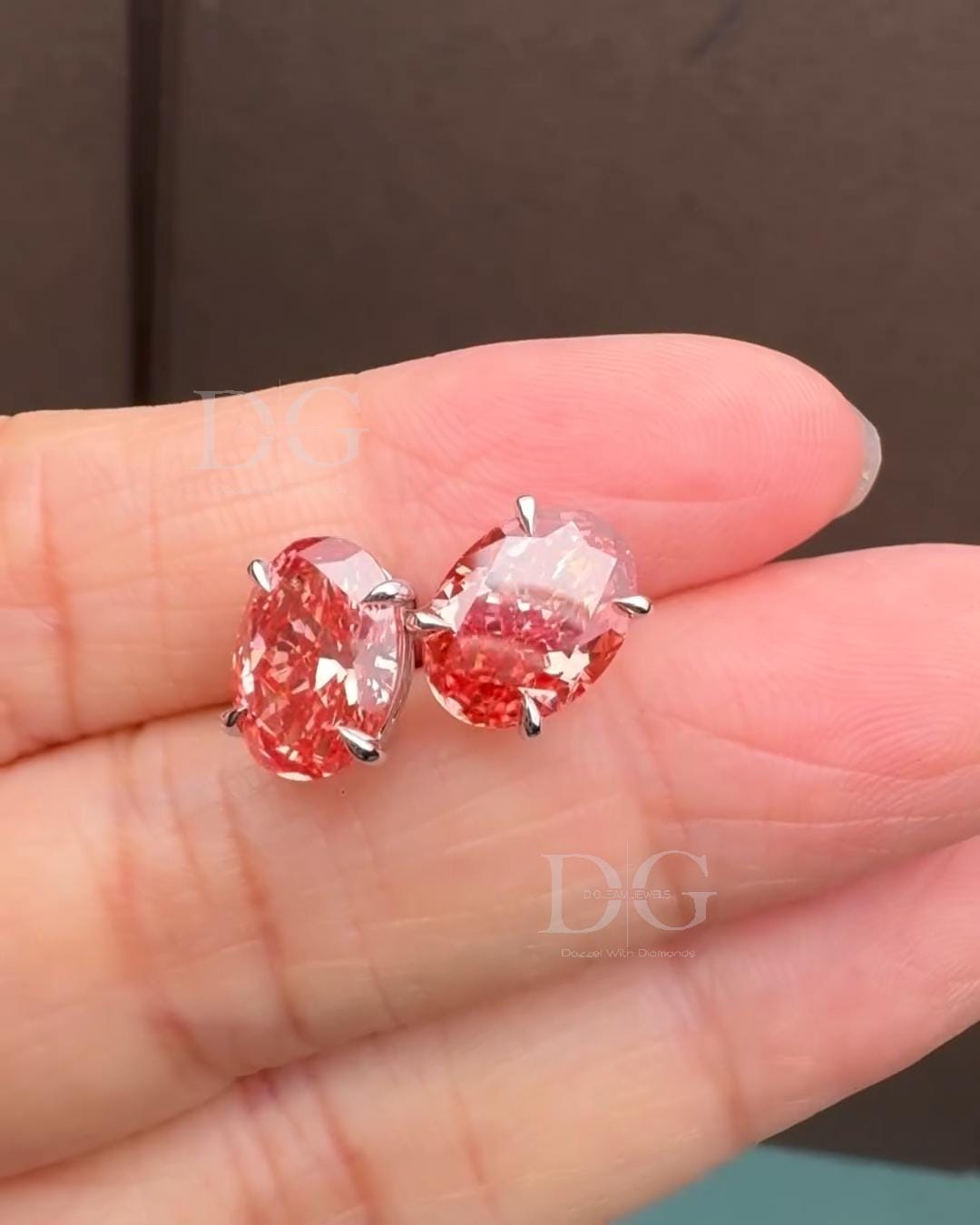 Oval Lab Grown Fancy Red Diamond Stud Earrings: 14k White Gold Basket Setting