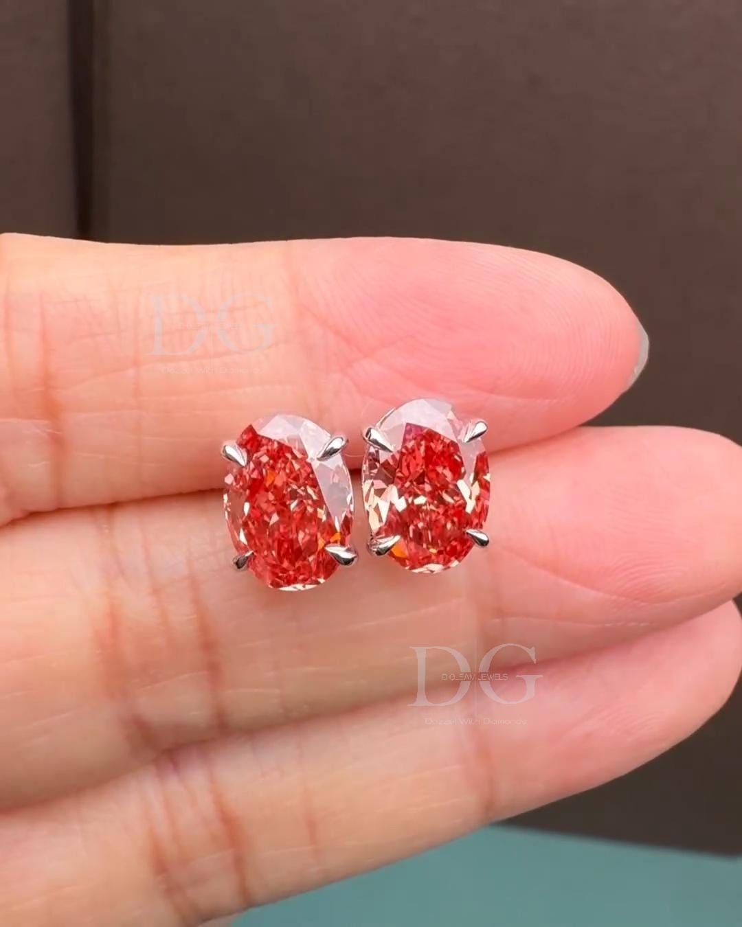 Oval Lab Grown Fancy Red Diamond Stud Earrings: 14k White Gold Basket Setting
