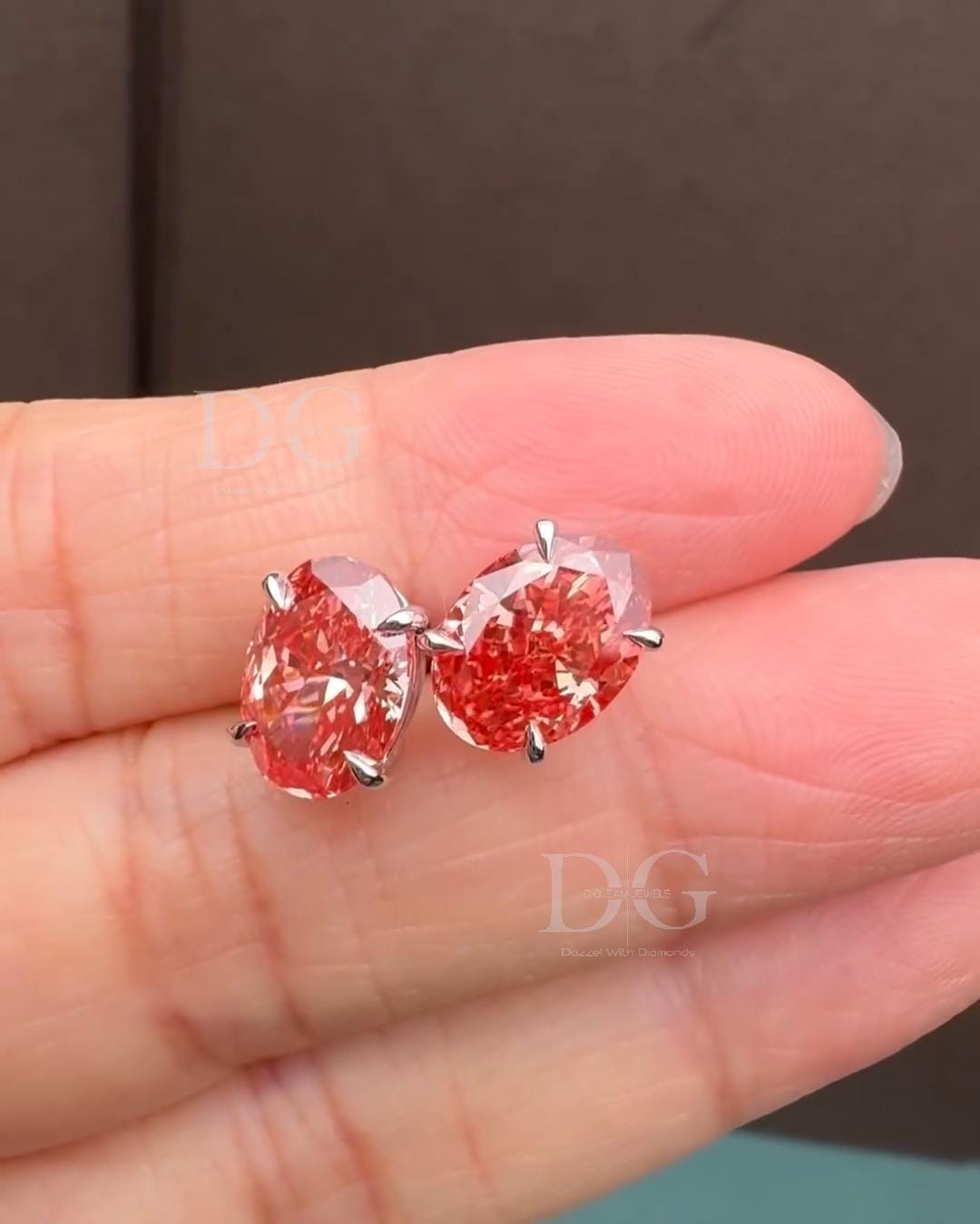 Oval Lab Grown Fancy Red Diamond Stud Earrings: 14k White Gold Basket Setting