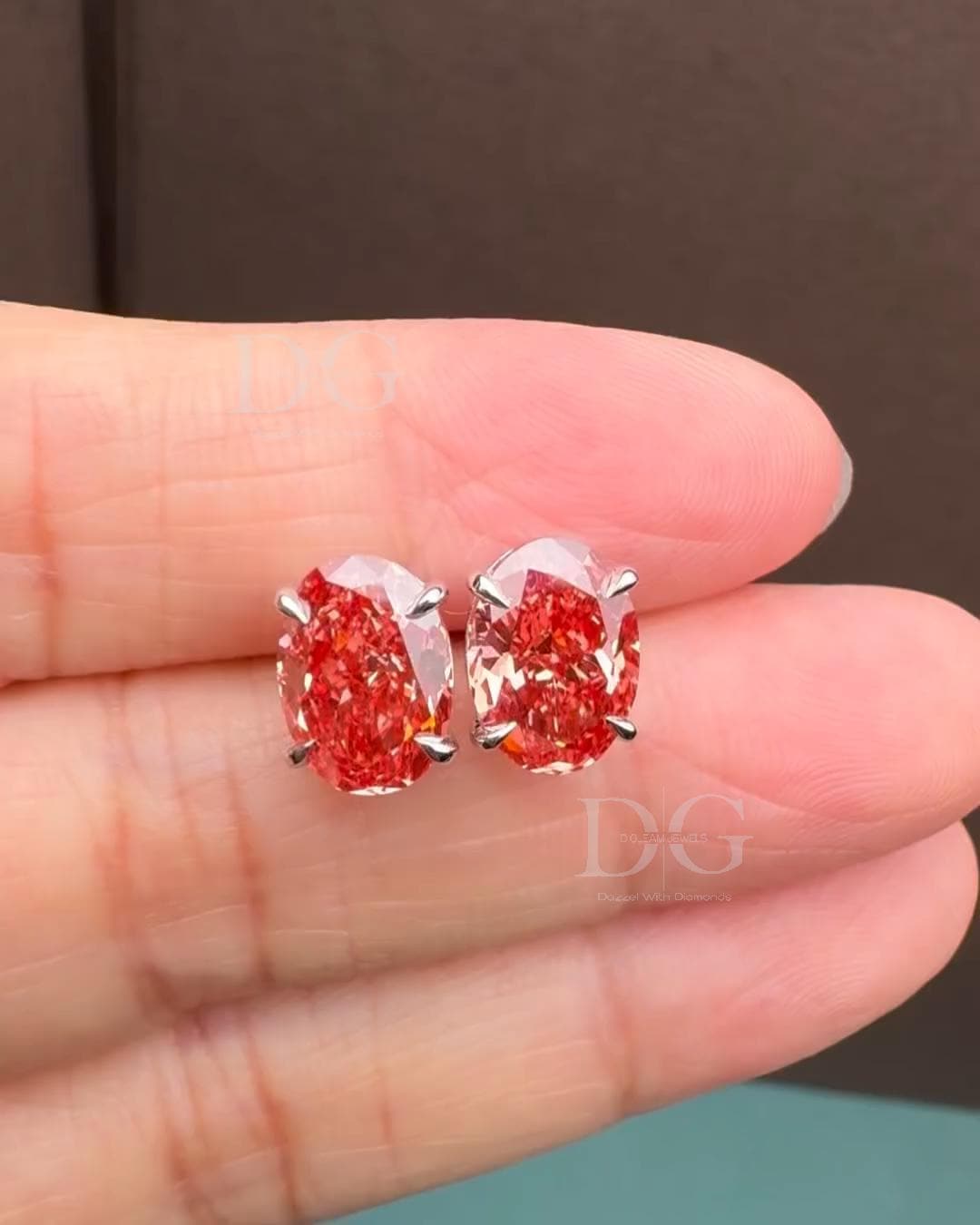 Oval Lab Grown Fancy Red Diamond Stud Earrings: 14k White Gold Basket Setting