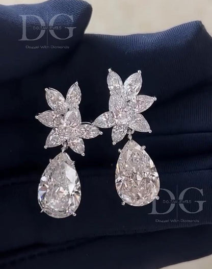 8.60 TCW Pear & Marquise Lab Grown Diamond Cluster Earrings, 14K Gold