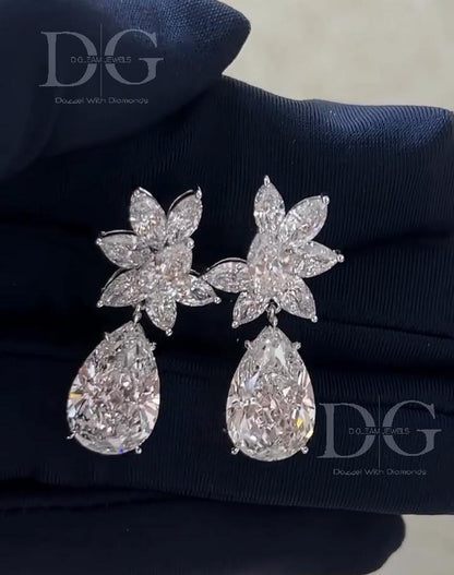 8.60 TCW Pear & Marquise Lab Grown Diamond Cluster Earrings, 14K Gold