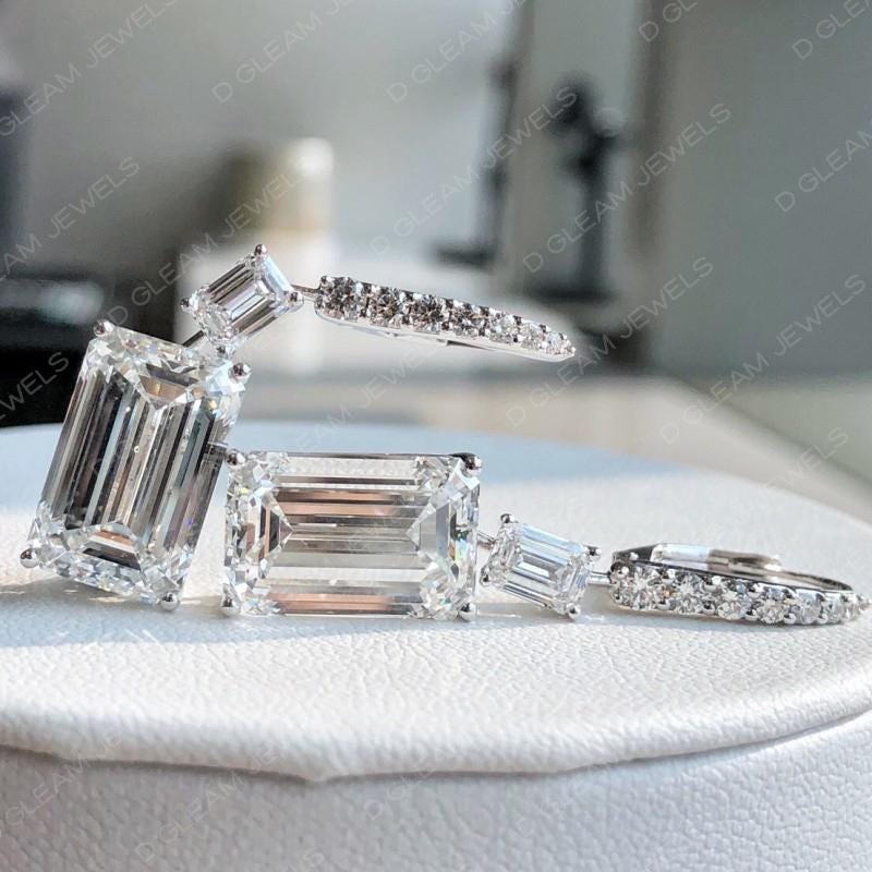Emerald Cut Lab Diamond Drop Earrings: 14Kt White Gold, Handmade