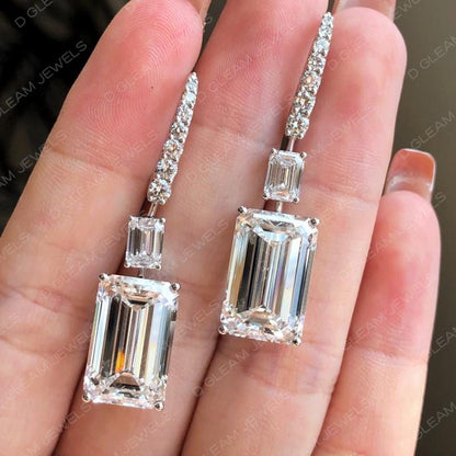 Emerald Cut Lab Diamond Drop Earrings: 14Kt White Gold, Handmade