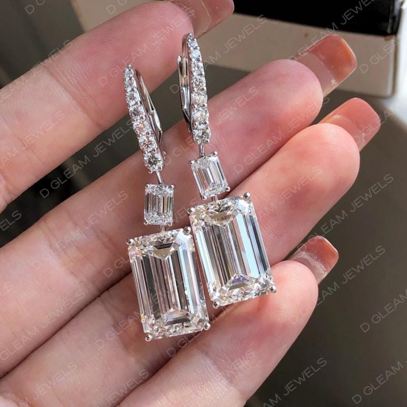 Emerald Cut Lab Diamond Drop Earrings: 14Kt White Gold, Handmade