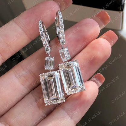 Emerald Cut Lab Diamond Drop Earrings: 14Kt White Gold, Handmade