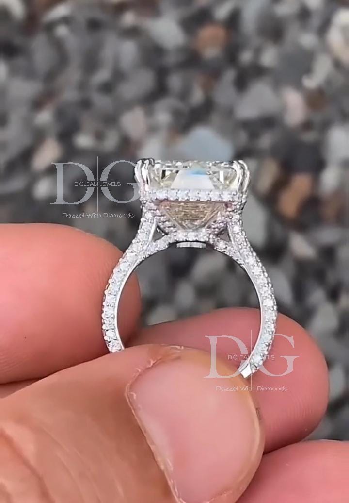 Handmade 10 Carat Emerald Cut Lab Grown Diamond Engagement Ring: Claw Prongs, Comfort Fit