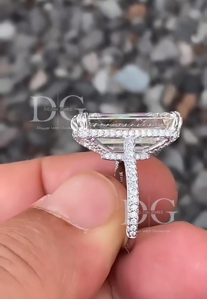 Handmade 10 Carat Emerald Cut Lab Grown Diamond Engagement Ring: Claw Prongs, Comfort Fit