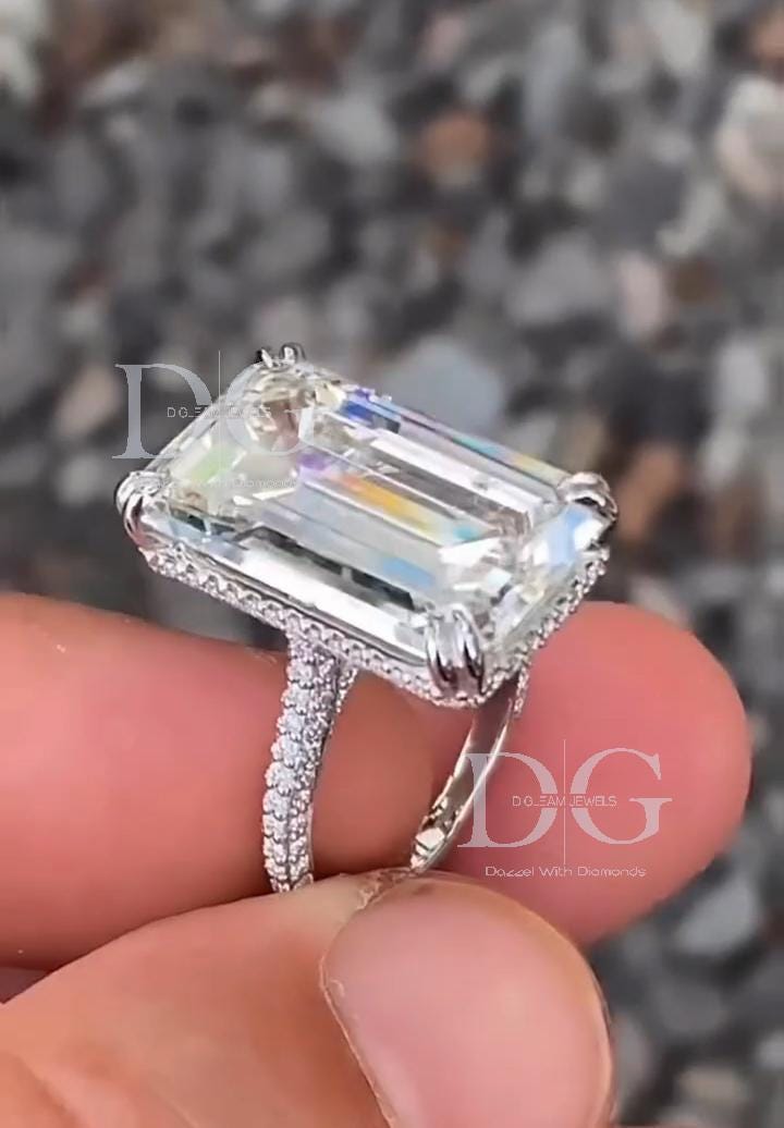 Handmade 10 Carat Emerald Cut Lab Grown Diamond Engagement Ring: Claw Prongs, Comfort Fit