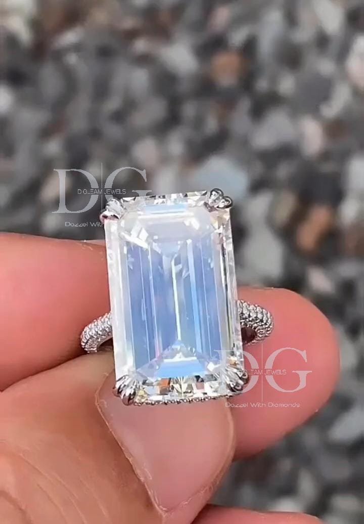 Handmade 10 Carat Emerald Cut Lab Grown Diamond Engagement Ring: Claw Prongs, Comfort Fit