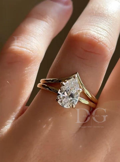 2.50 CT Pear Lab Grown Diamond Tiara Ring - Chevron Wedding Band