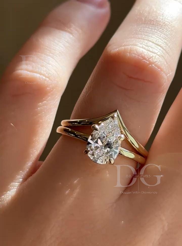 2.50 CT Pear Lab Grown Diamond Tiara Ring - Chevron Wedding Band