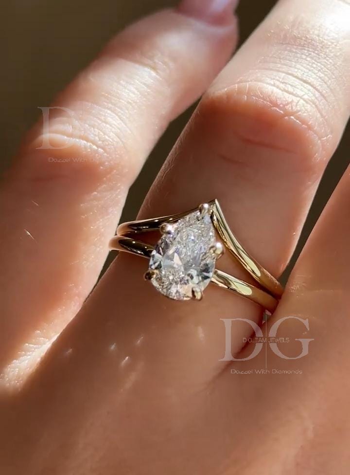 2.50 CT Pear Lab Grown Diamond Tiara Ring - Chevron Wedding Band