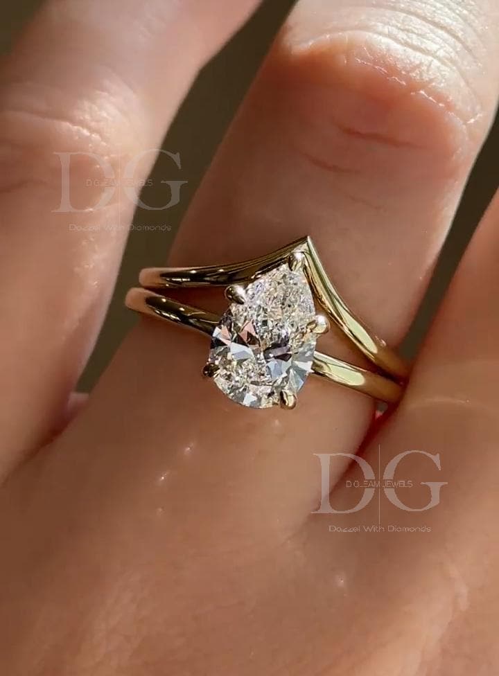 2.50 CT Pear Lab Grown Diamond Tiara Ring - Chevron Wedding Band