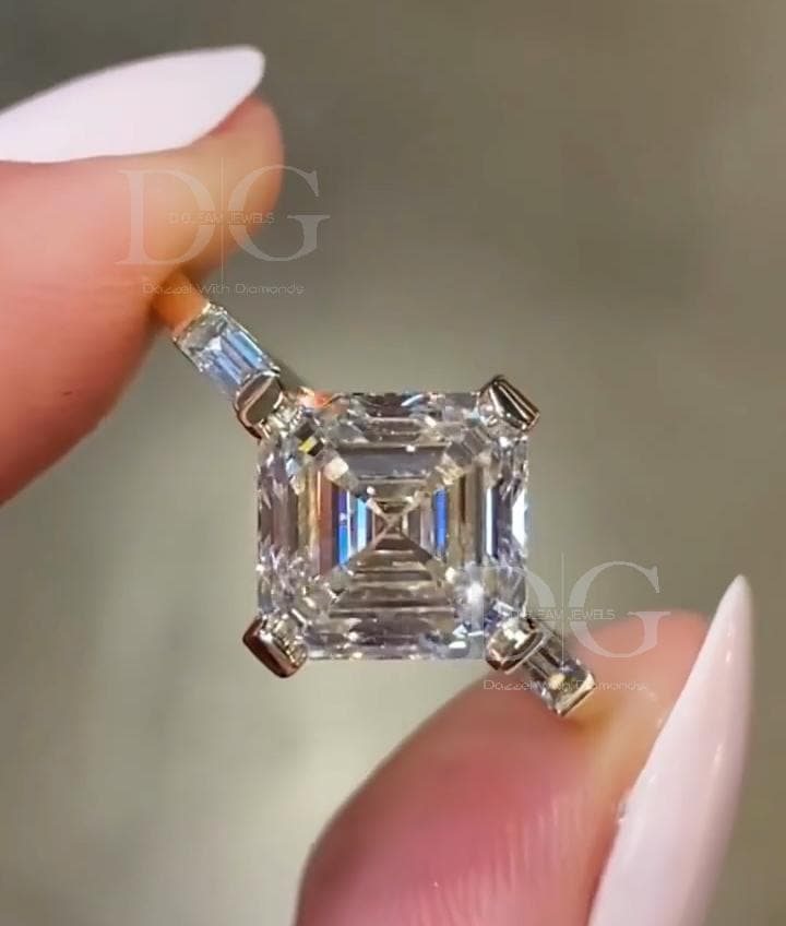 IGI Certified Asscher Cut Lab Grown Diamond Engagement Ring: Three Stone Wedding Ring