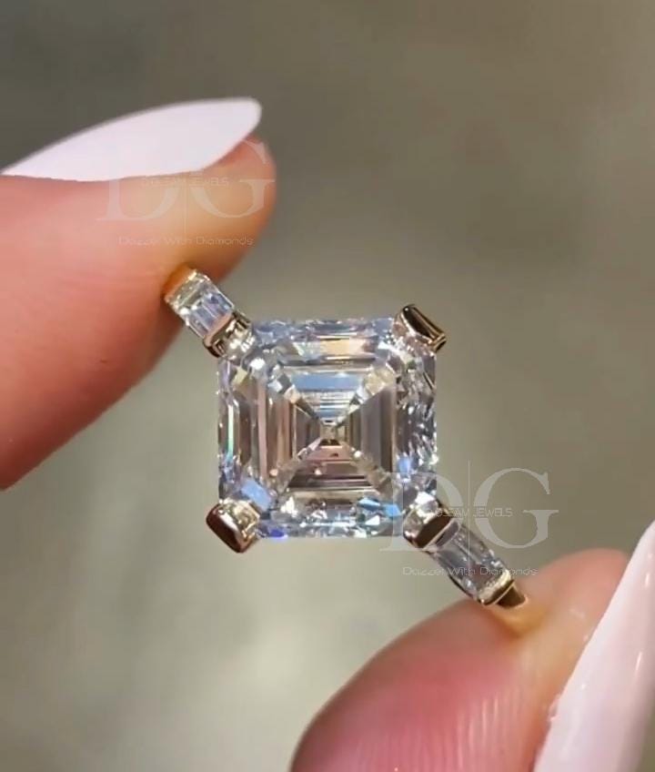 IGI Certified Asscher Cut Lab Grown Diamond Engagement Ring: Three Stone Wedding Ring