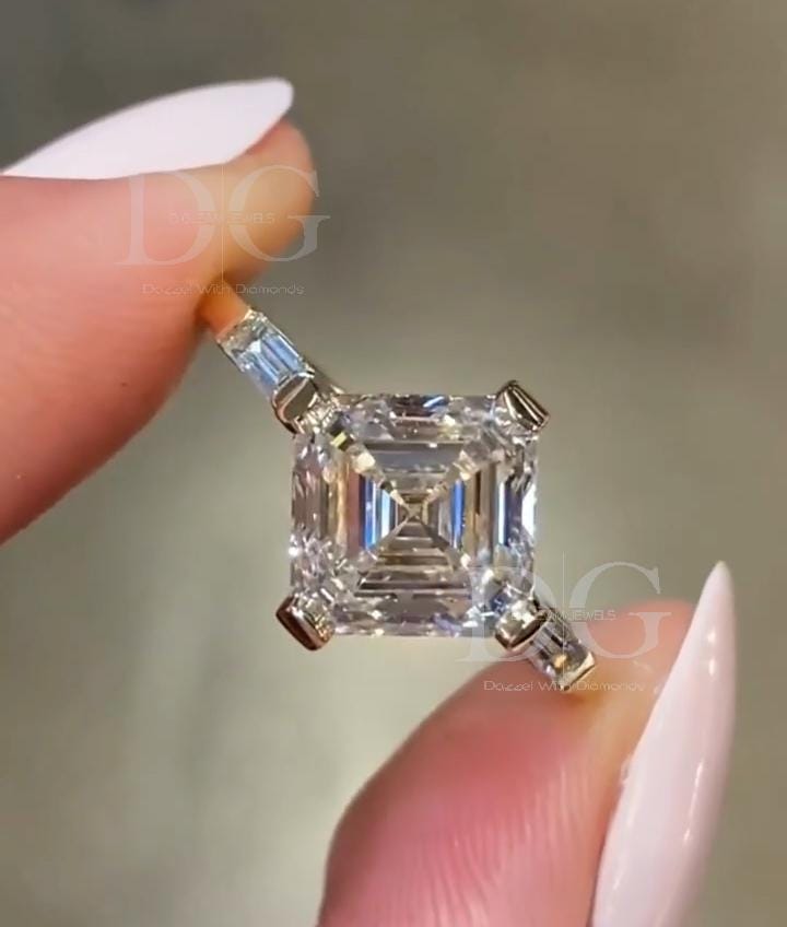 IGI Certified Asscher Cut Lab Grown Diamond Engagement Ring: Three Stone Wedding Ring