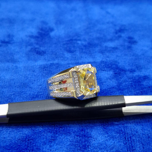 Men's 14k Gold Emerald Cut Yellow Sapphire Ring with Lab Grown Diamonds
