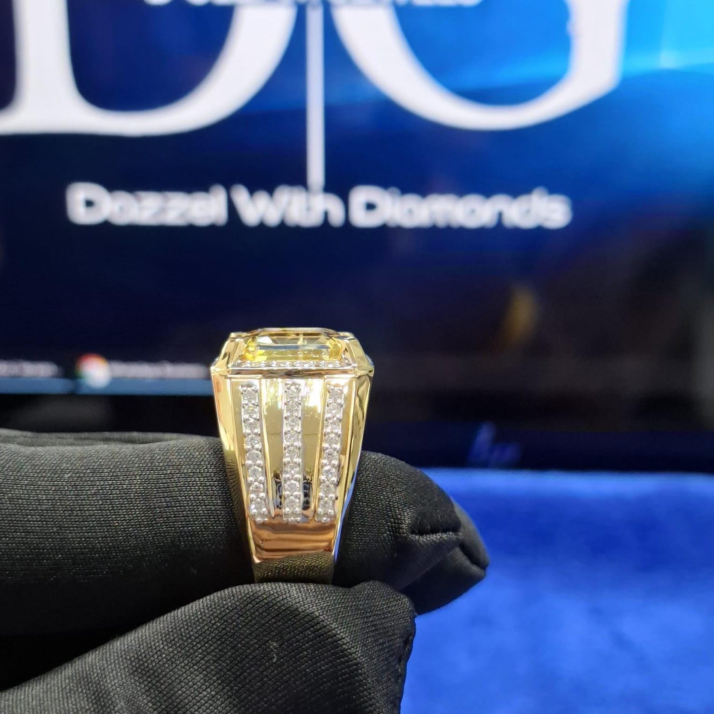Men's 14k Gold Emerald Cut Yellow Sapphire Ring with Lab Grown Diamonds