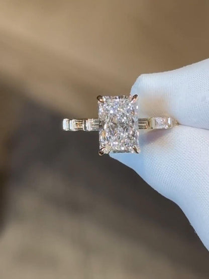 Radiant Cut Lab-Grown Diamond Engagement Ring with Baguette Accents