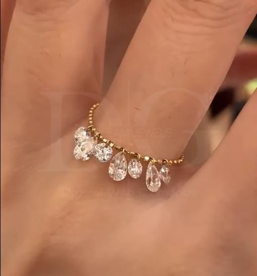 Lab Grown Diamond Chain Ring Pear Drop Diamond Ring | Dangle Diamond Gold Ring | Minimalist Statement Ring | Modern Luxury Fine Jewelry