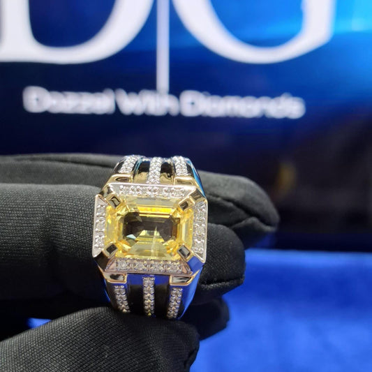 Men's 14k Gold Emerald Cut Yellow Sapphire Ring with Lab Grown Diamonds