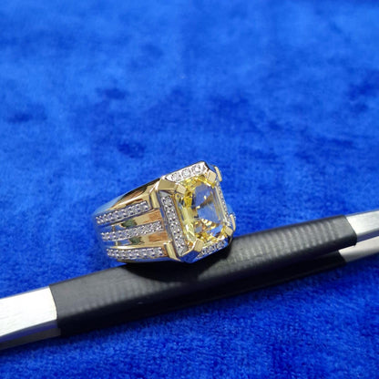 Men's 14k Gold Emerald Cut Yellow Sapphire Ring with Lab Grown Diamonds