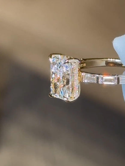 Radiant Cut Lab-Grown Diamond Engagement Ring with Baguette Accents