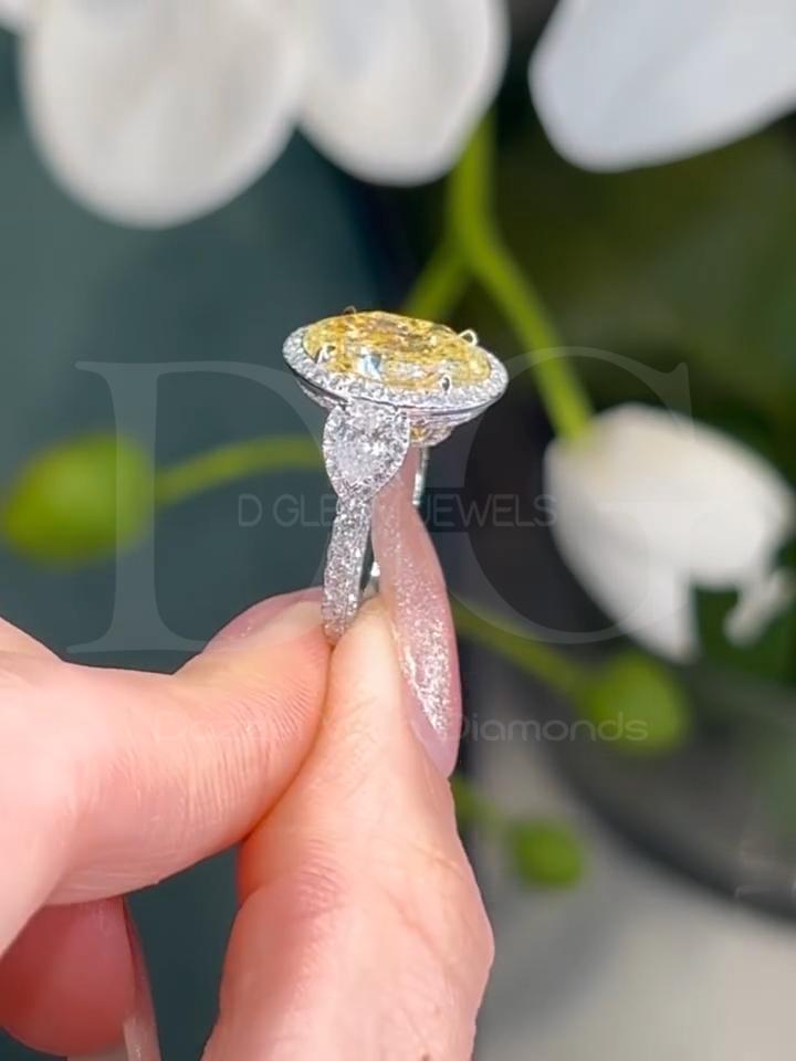 Fancy Yellow Lab Diamond Halo Ring: Three Stone White Gold Engagement (IGI Certified)