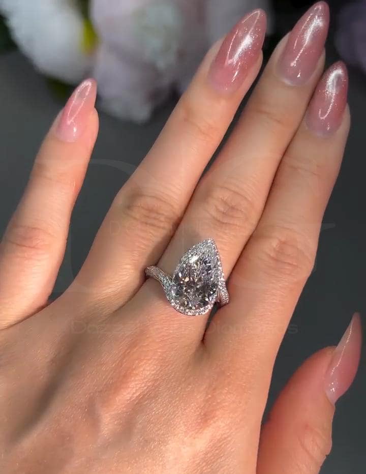5CT Pear Lab Grown Diamond Ring Set: White Gold Halo, Eternity Band
