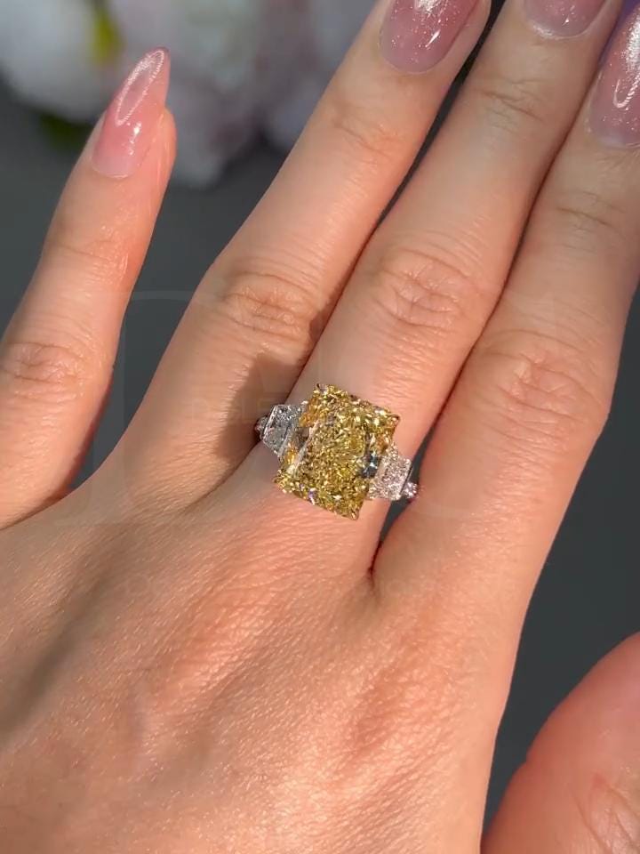 4 Carat Radiant Cut Lab Grown Diamond Engagement Ring: Two-Tone Yellow Gold