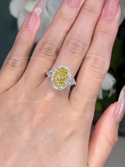 Fancy Yellow Lab Diamond Halo Ring: Three Stone White Gold Engagement (IGI Certified)