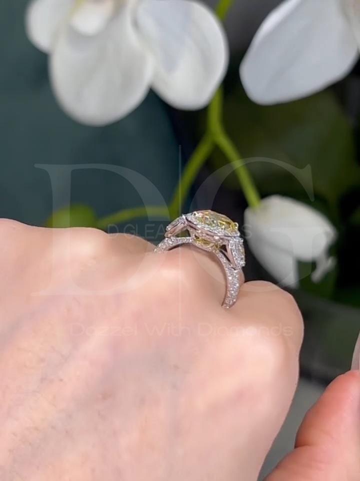 Fancy Yellow Lab Diamond Halo Ring: Three Stone White Gold Engagement (IGI Certified)