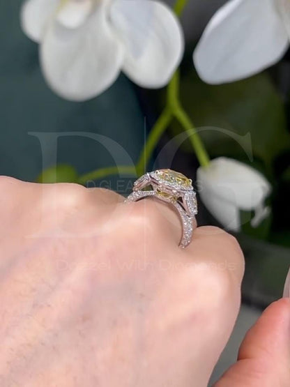 Fancy Yellow Lab Diamond Halo Ring: Three Stone White Gold Engagement (IGI Certified)