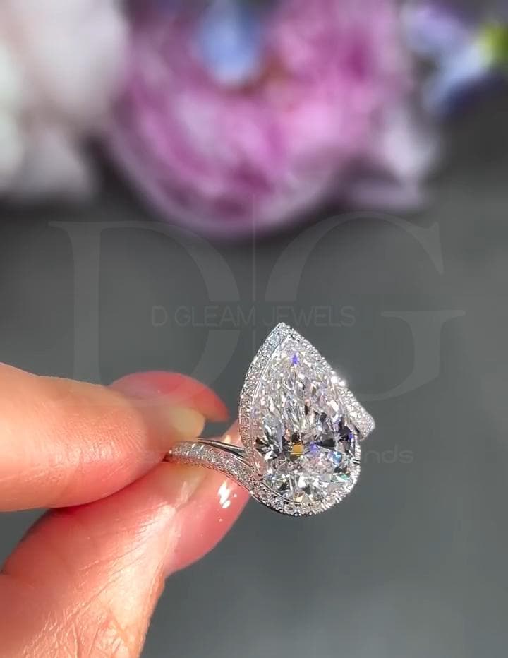5CT Pear Lab Grown Diamond Ring Set: White Gold Halo, Eternity Band