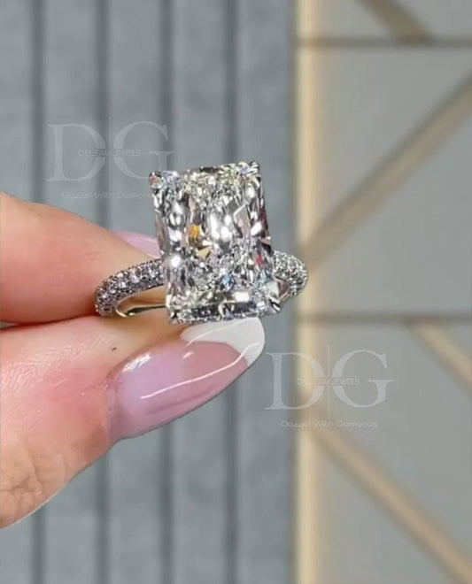 Radiant Cut Lab Diamond Engagement Ring: Hidden Halo, 14k Gold Wedding Ring