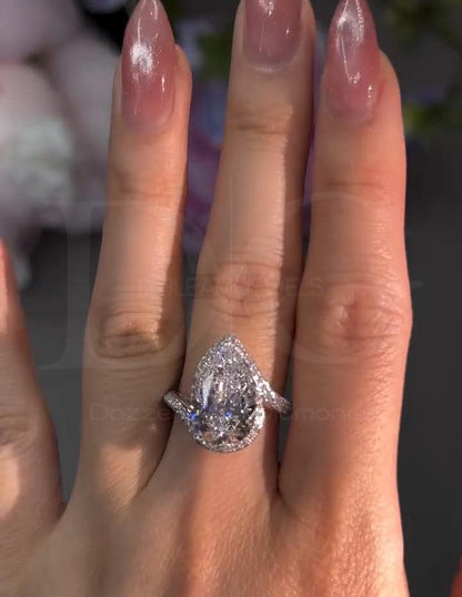 5CT Pear Lab Grown Diamond Ring Set: White Gold Halo, Eternity Band