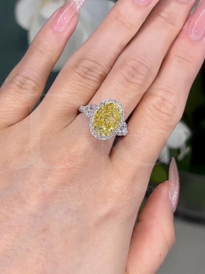 Fancy Yellow Lab Diamond Halo Ring: Three Stone White Gold Engagement (IGI Certified)