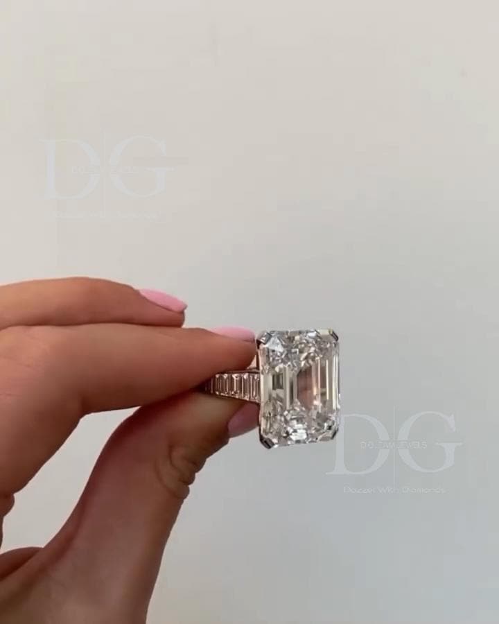IGI Certified Lab Grown Emerald Cut Diamond Engagement Ring with Baguette Side Stones