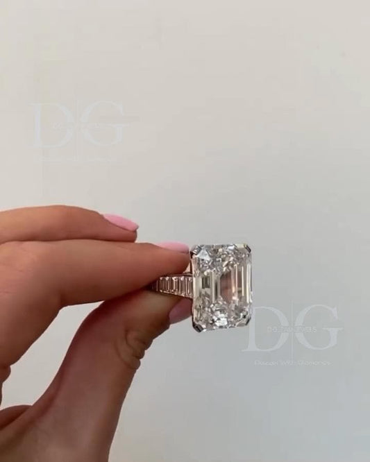 IGI Certified Lab Grown Emerald Cut Diamond Engagement Ring with Baguette Side Stones