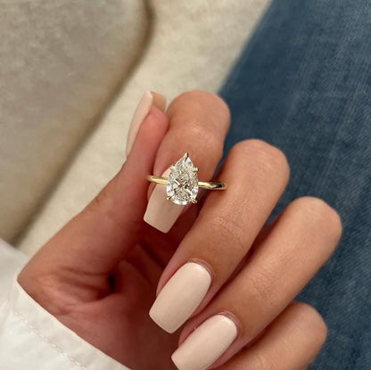 2 Carat Pear Lab Grown Diamond Ring: 14K Gold Solitaire Engagement