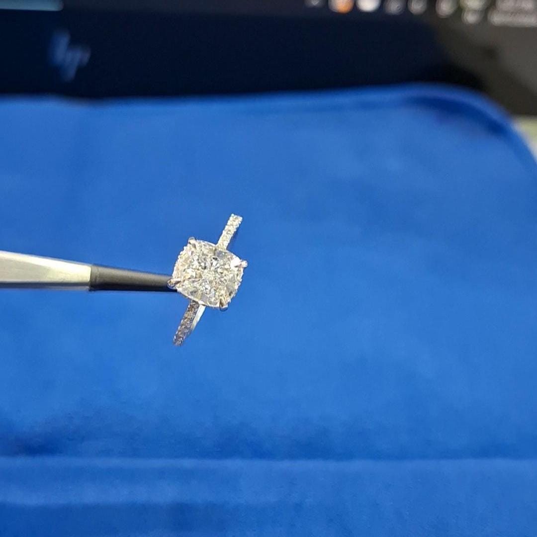 Cushion Cut Lab Grown Diamond Engagement Ring: Hidden Halo, IGI Certified