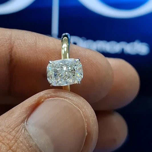 2 Carat Cushion Cut Lab Grown Diamond Engagement Ring: Hidden Halo Knife Edge Band