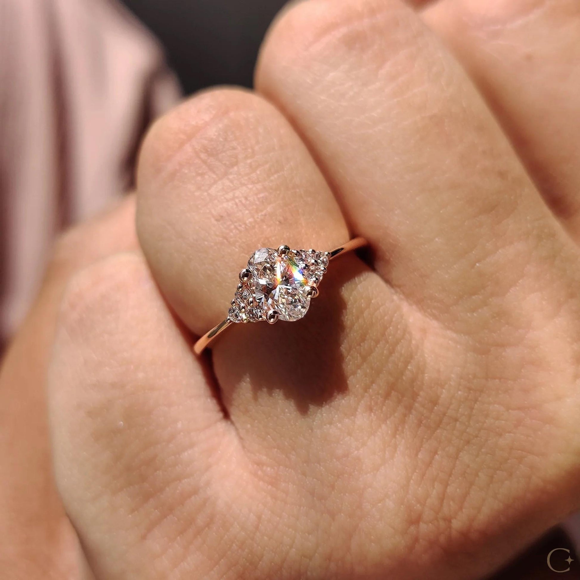 Oval Lab Grown Diamond Engagement Ring: Yellow Gold 7-Stone, IGI Certified