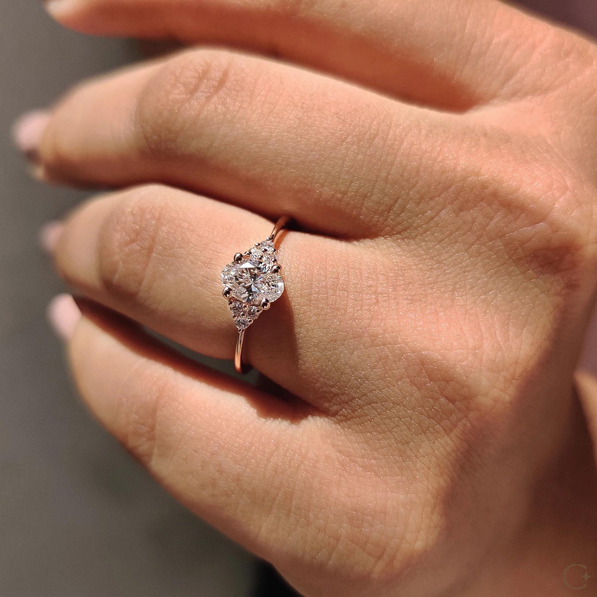 Oval Lab Grown Diamond Engagement Ring: Yellow Gold 7-Stone, IGI Certified