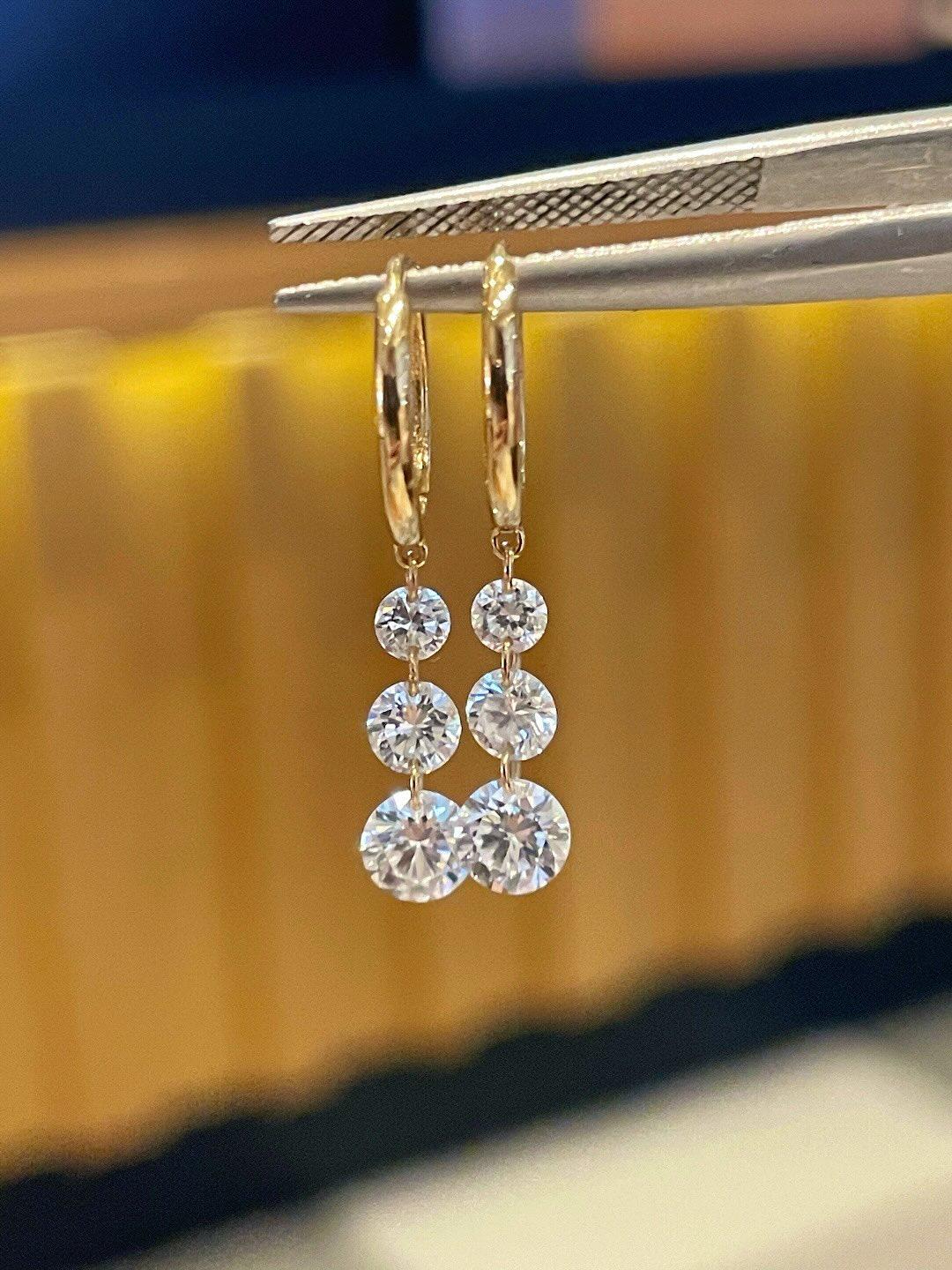 14K Gold Lab Grown Diamond Floating Earrings: three-stone drop hoop earrings