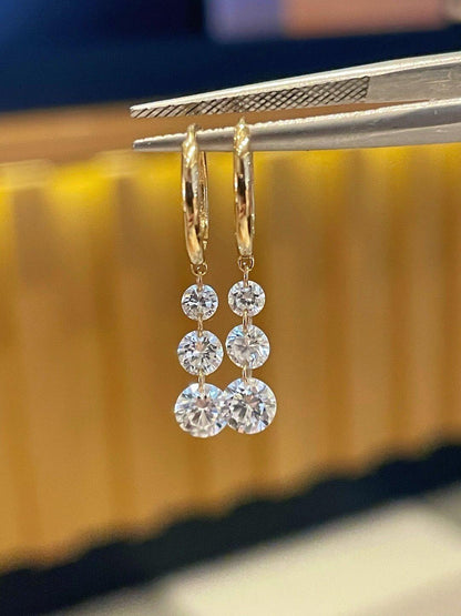 14K Gold Lab Grown Diamond Floating Earrings: three-stone drop hoop earrings