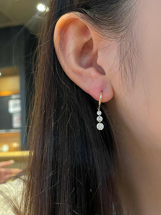 14K Gold Lab Grown Diamond Floating Earrings: three-stone drop hoop earrings
