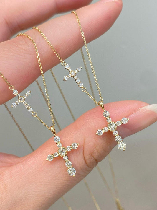 Dainty 14k Yellow Gold Lab Grown Diamond Cross Necklace