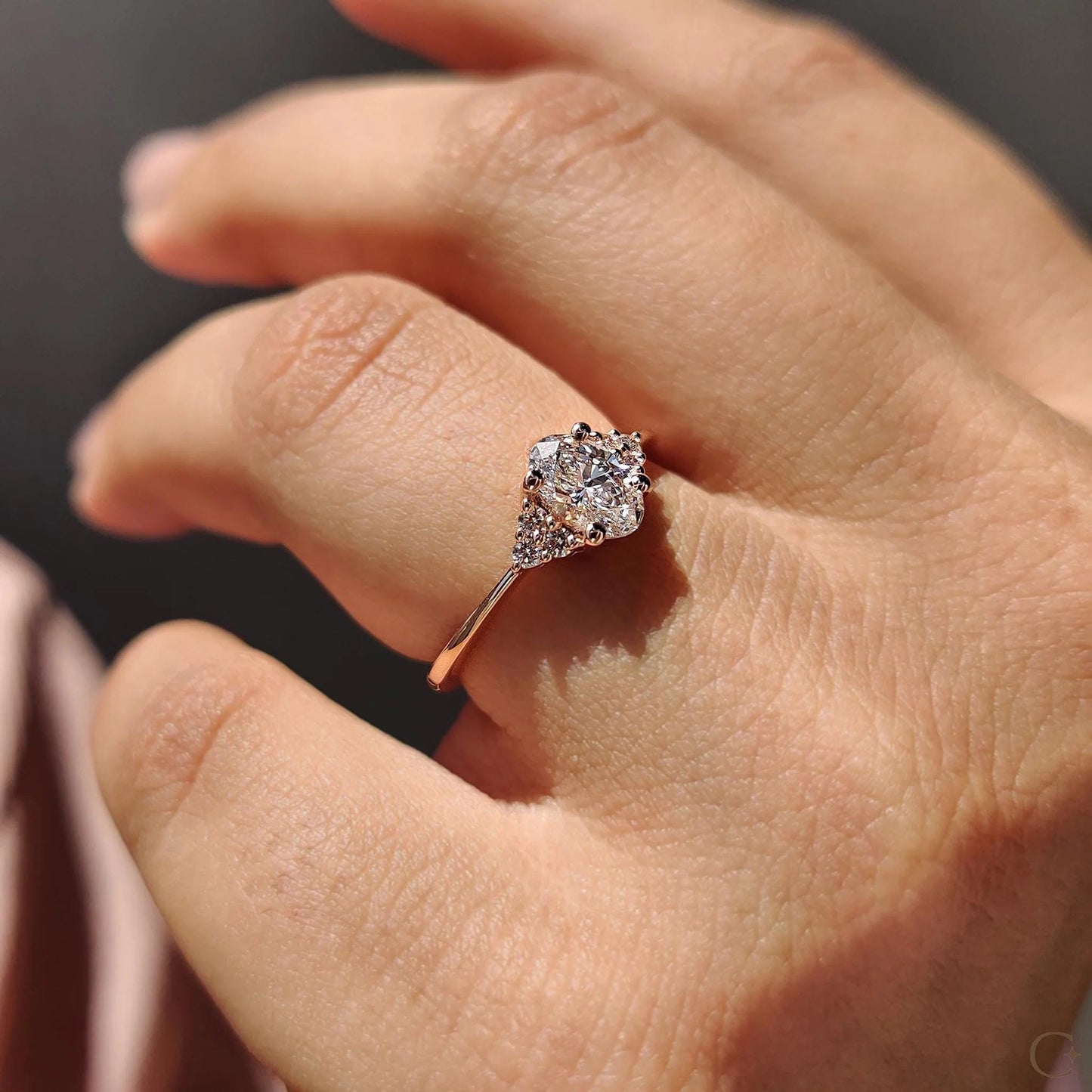 Oval Lab Grown Diamond Engagement Ring: Yellow Gold 7-Stone, IGI Certified